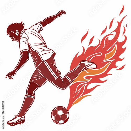Intense Soccer Player with Red Dynamic Football in Flames, isolated on transparent background
