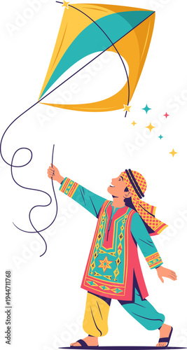 A person flies a colorful kite outdoors in a joyful event.