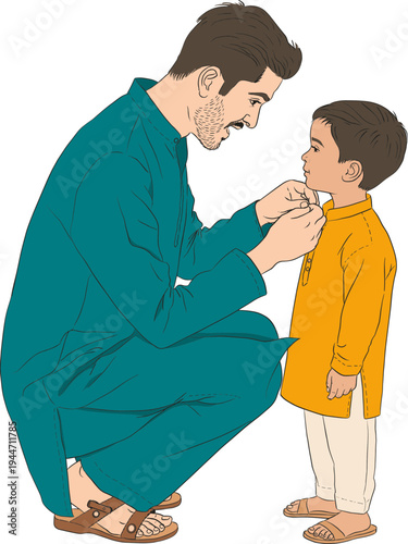 A man in teal kneels down to talk to a boy in yellow.