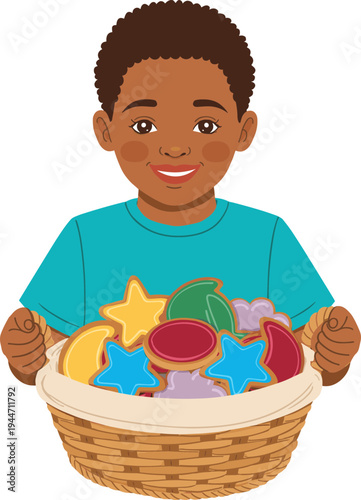A young boy happily holding a basket filled with colorful cookies.