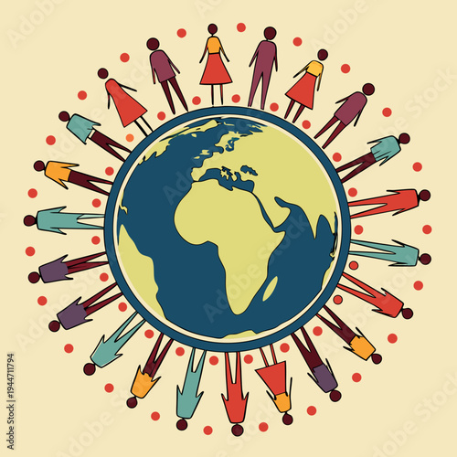 Over Population vector illustration with globe, earth and group of colorful diverse people - World Population Day