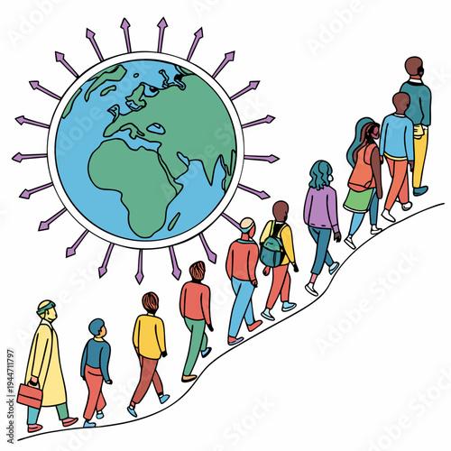 Over Population vector illustration with globe, earth and group of colorful diverse people - World Population Day