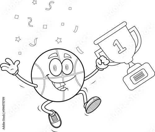 Black and White Basketball Ball Cartoon Character Holding Trophy And Celebrating – Vector Hand Drawn Illustration Isolated On Transparent Background