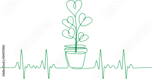 Plant With Heart Leaves And Heartbeat Line Art vector