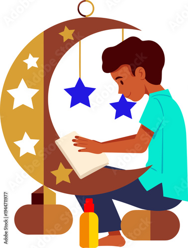 A boy reads a book sitting next to a crescent moon decoration with stars.