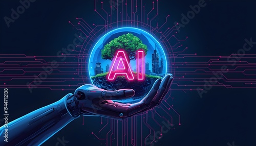 Robotic hand carefully holding a glowing digital sphere containing a vibrant green tree symbolizing artificial intelligence protecting future sustainable city environments and natural ecology.
