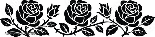 Black rose floral border silhouette, bold horizontal rose design with three blooming flowers leaves and buds for elegant decorative border.