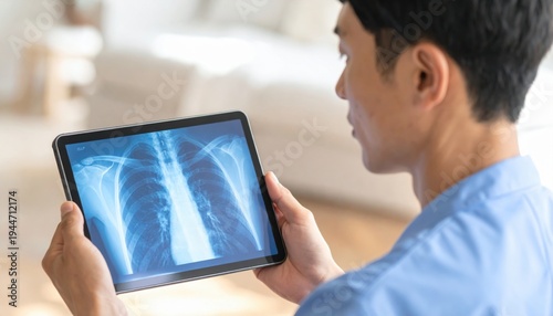 Healthcare professional examines chest xray on tablet app for remote patient monitoring and diagnosis