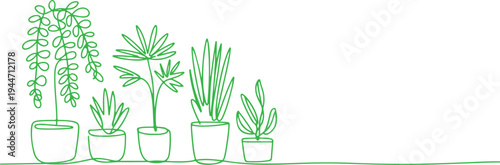 Green Line Art Houseplants on White Background potted plants
