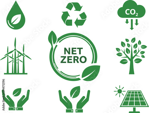 Net zero emission and green energy icon set isolated on white background for ecology sustainability recycle renewable solar and carbon neutral