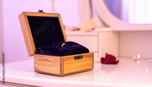 Handcrafted Wooden Jewelry Box Lined With Velvet Holding A Ring