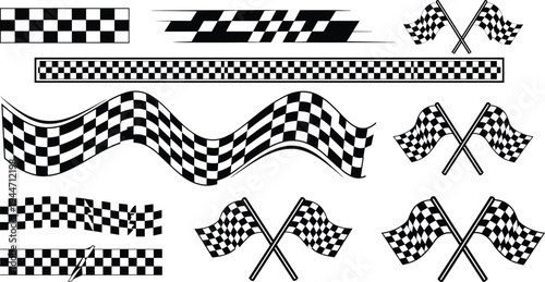 Checkered flag racing icon set isolated on white background for car race finish line sport competition speed and automotive symbols