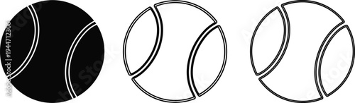 Tennis ball icon set with black silhouette and outline versions isolated on white background for sports equipment competition game and fitness symbols