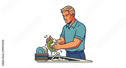 Man washing dishes illustration vector graphic household task