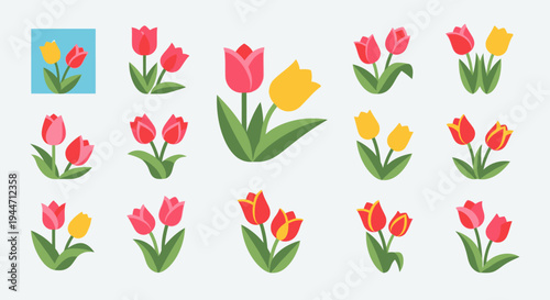 Cute cartoon flowers smiling and holding hands in two rows on a light green background.