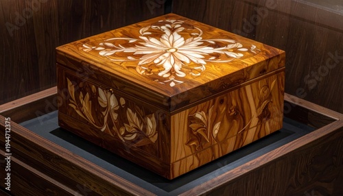 Intricate wooden marquetry inlay on a decorative keepsake box showcasing detailed floral patterns and rich wood grain.