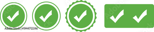 Green check mark icon set isolated on white background for success confirm approved correct verified right and choice quality symbols