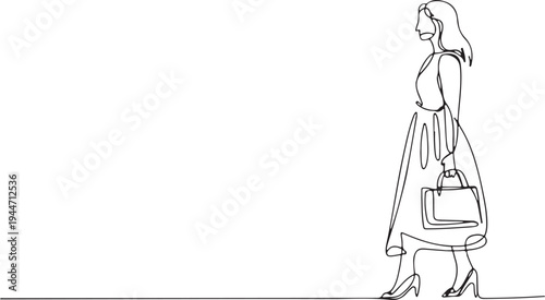 Single line drawing of a woman walking with a handbag