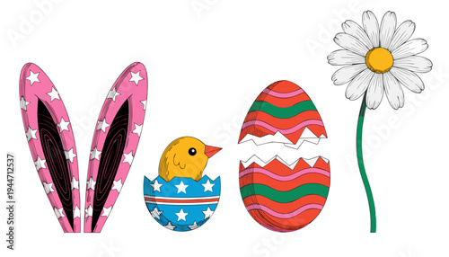 Realistic 3D Easter icons. Bunny ears, a chick in a shell, a broken egg, and a white daisy are neatly lined up, isolated on a white background.