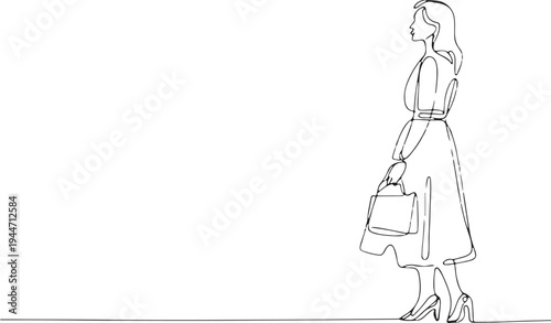 Continuous line drawing of a woman walking with a handbag
