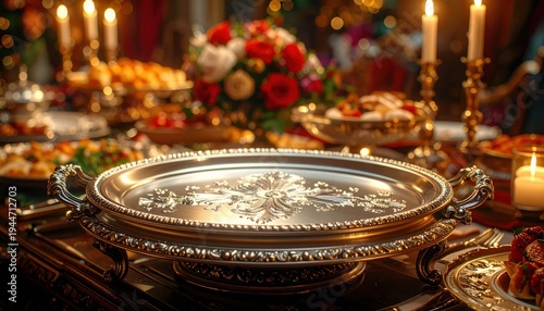 Ornate Silver Serving Platter with Intricate Engraved Floral Motifs and Scrolling Handles