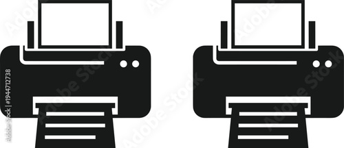 Printer Vector Icon Set, Office Printing Equipment, Document Output Symbol, Desktop Printer Graphics, Computer Peripheral Hardware, Business Paperwork and Documentation Icons.