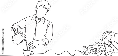 Black and white line drawing of a barista making coffee with beans