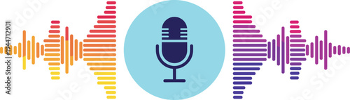 Microphone Icon with Colorful Audio Sound Waveform for Podcast Recording Radio Broadcast Music Studio Voice Recognition and Digital Sound Editing Concept