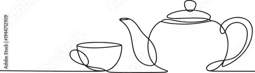 Single Line Drawing of Teapot and Cup coffee beverage