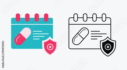 Medical insurance calendar icon set with pill and protection shield, flat and outline vector illustration