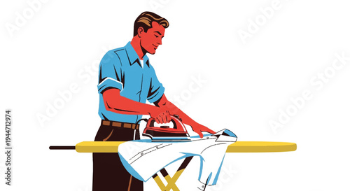 Man ironing clothes isolated on white background flat vector illustration