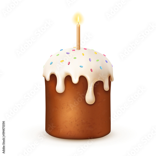 Traditional Easter cake with white icing, colorful sprinkles and burning candle. Realistic festive dessert isolated on light background for holiday designs.
