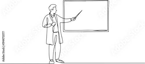 Continuous Line Drawing Teacher Explaining Lesson on Board Vector Illustration