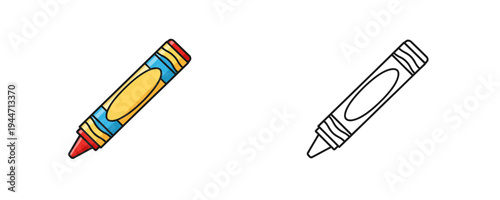 Cartoon crayon drawing tool for kids in vibrant colors and linear outline style represents artistic creativity and coloring activity for school supplies on white background
