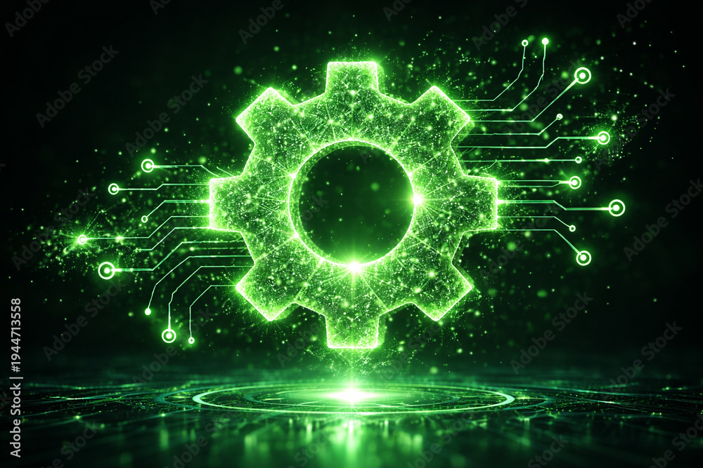 Obraz premium Glowing green digital gear symbol made from particles representing automation, engineering systems, technology process and digital innovation