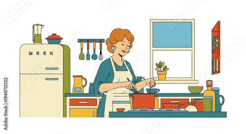 Woman cooking in kitchen vector illustration