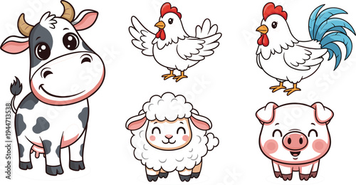Cute Farm Animals Illustrations with Cow, Chicken, Sheep, and Pig for Children's Education and Decor.