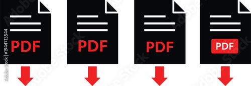 PDF File Download Icon Set with Black Document Page Flat Symbols and Red Download Arrows for Web Interface Design and Digital Content
