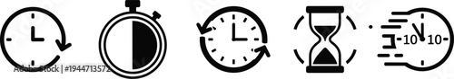 Time and Clock Icon Set Featuring Stopwatch Hourglass and Countdown Timer Symbols for Deadline Management Productivity and Business Vector Graphic Design