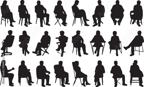 Various People Silhouettes Seated in Chairs Representing Group Meetings and Waiting Areas