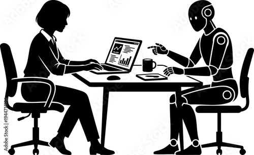 Business woman and robot working on laptop, data analysis collaboration silhouette, artificial intelligence office teamwork, futuristic automation in business, vector EPS 10 file