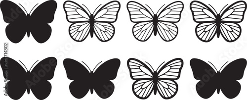 Eight minimalist black butterfly silhouettes and outline designs for nature projects