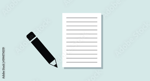 A simple black pencil with a sharpened tip and a light grey eraser end rests diagonally next to a pristine white sheet of paper with horizontal lines, all on a light blue background.