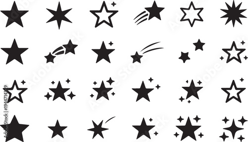 Dynamic Black Star Icon Set for Ratings Wishes Achievements and Sparkling Moments