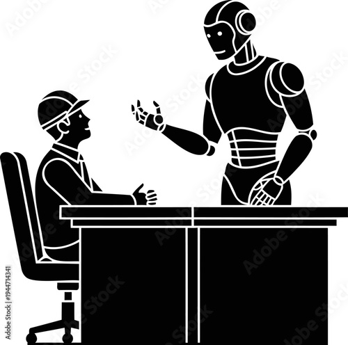 Robot and construction engineer collaboration, artificial intelligence consultancy, technology partnership silhouette vector, futuristic automation in industry, EPS 10 file
