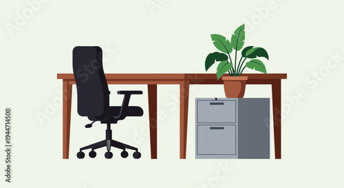 An empty wooden desk with a black office chair is positioned next to a gray two-drawer filing cabinet, which is topped with a potted green plant, all resting on a plain light beige background.