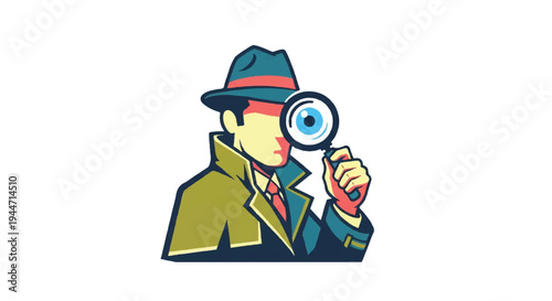 Detective illustration with magnifying glass isolated on white