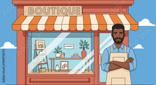 A smiling Black man with a beard stands confidently outside a boutique shop, featuring a striped awning and various decorative items displayed in its large glass window under a clear blue sky.