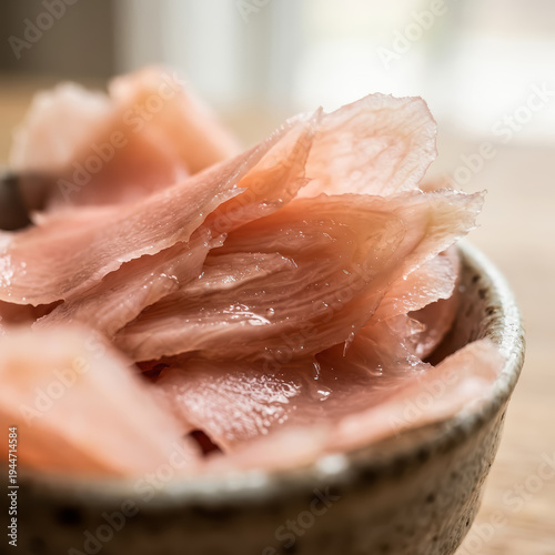  Macro shot of pickled ginger (gari) in a rustic ceramic bowl, a traditional Japanese sushi condiment.