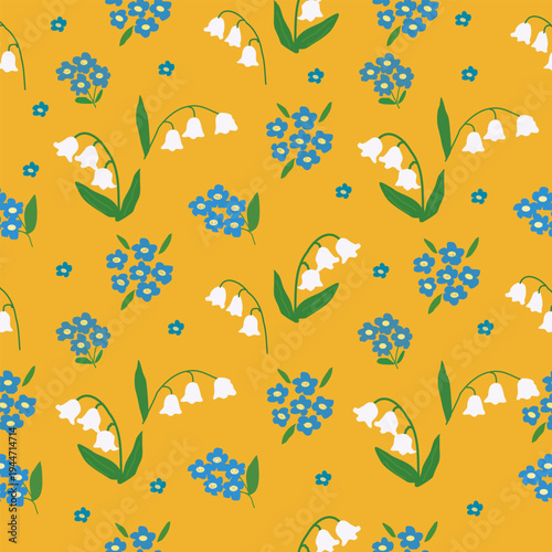 Seamless floral pattern with lily of the valley and forget me not flowers on yellow background